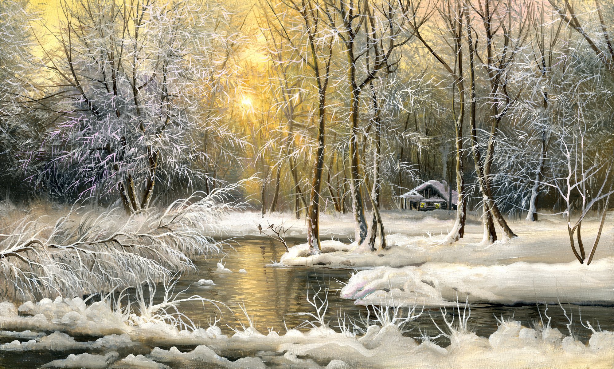 pintura pintura al óleo invierno nieve árboles frío casa de campo