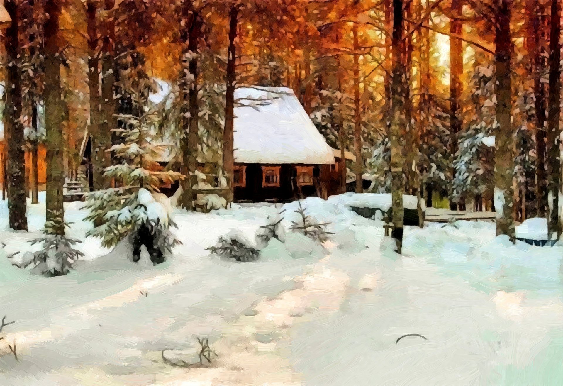 winter snow forest tree house pattern canvas oil