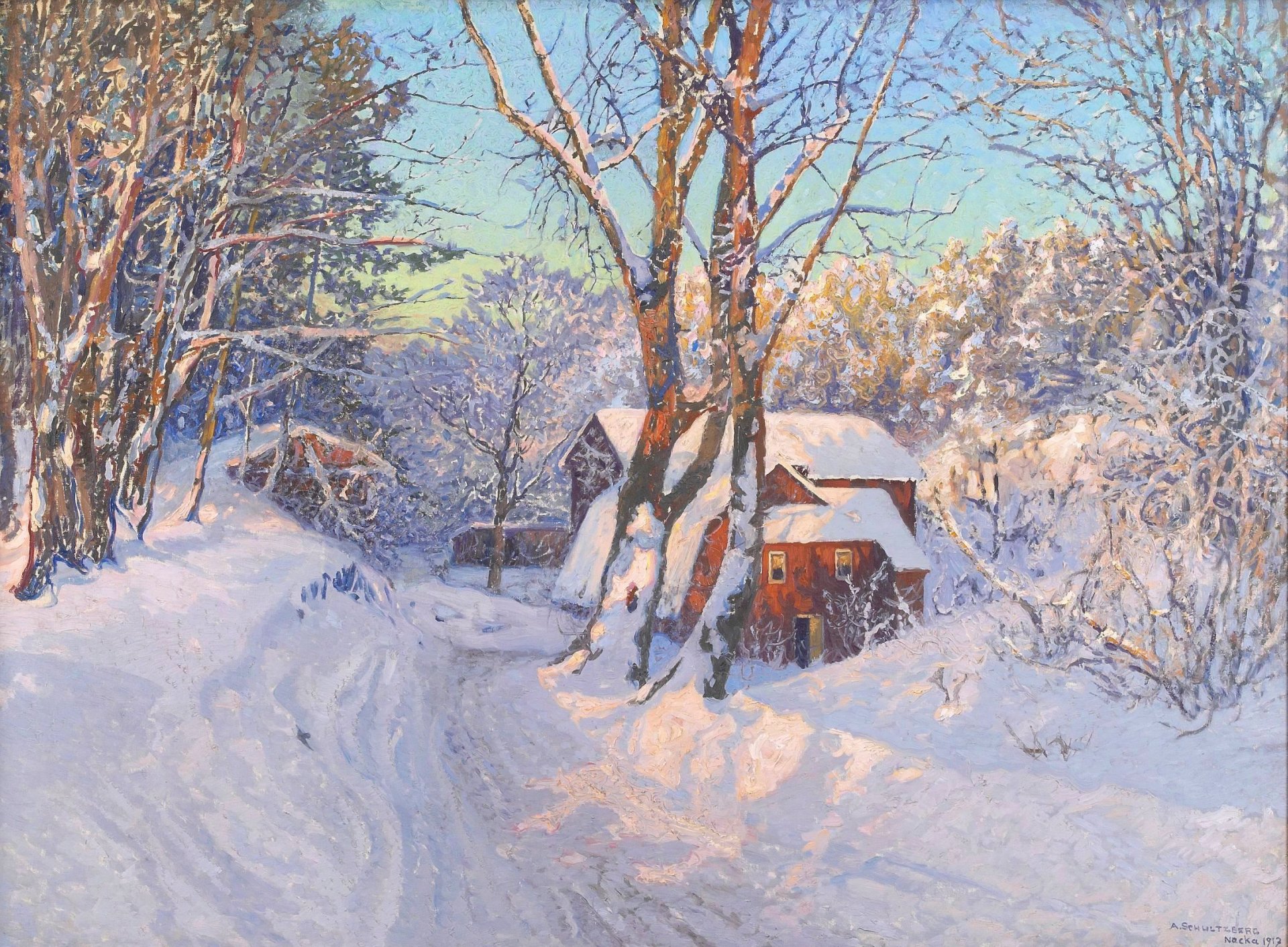 anshelm leonard schultzberg landscape dawn winter snow house