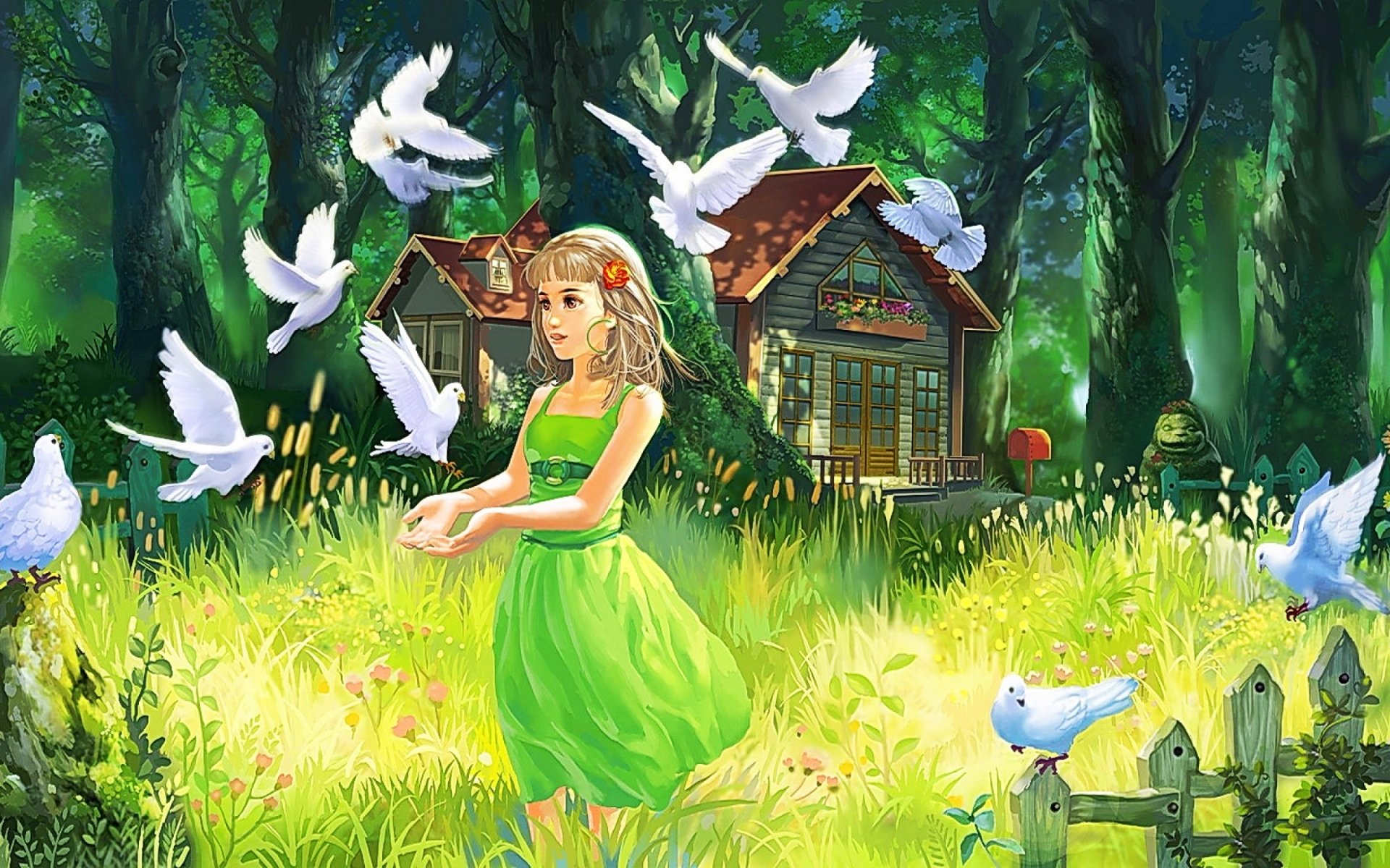 painting art girl view eyes hair green dress white doves summer house fence grass tree forest nature