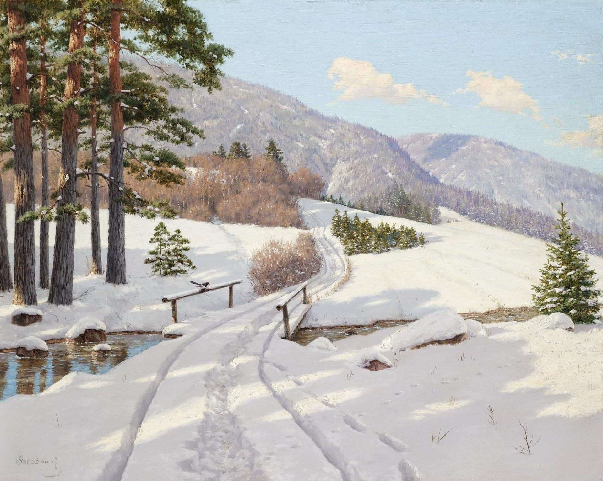 pintura paisaje boris bessonov invierno bosque montañas nieve árboles pinos árboles de navidad río puente barandilla urraca pista derivas