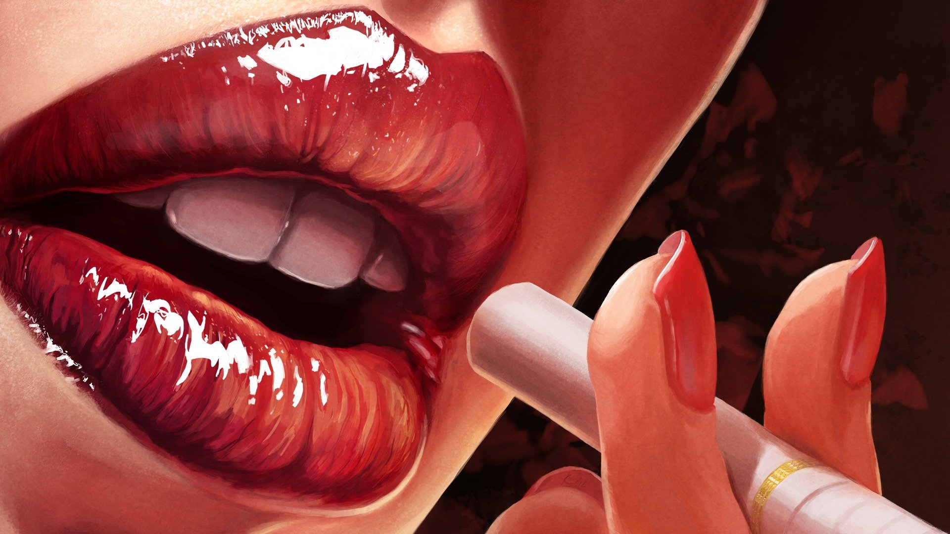 arte labios brillo lápiz labial rojo macro cigarrillo esmalte de uñas mano uñas