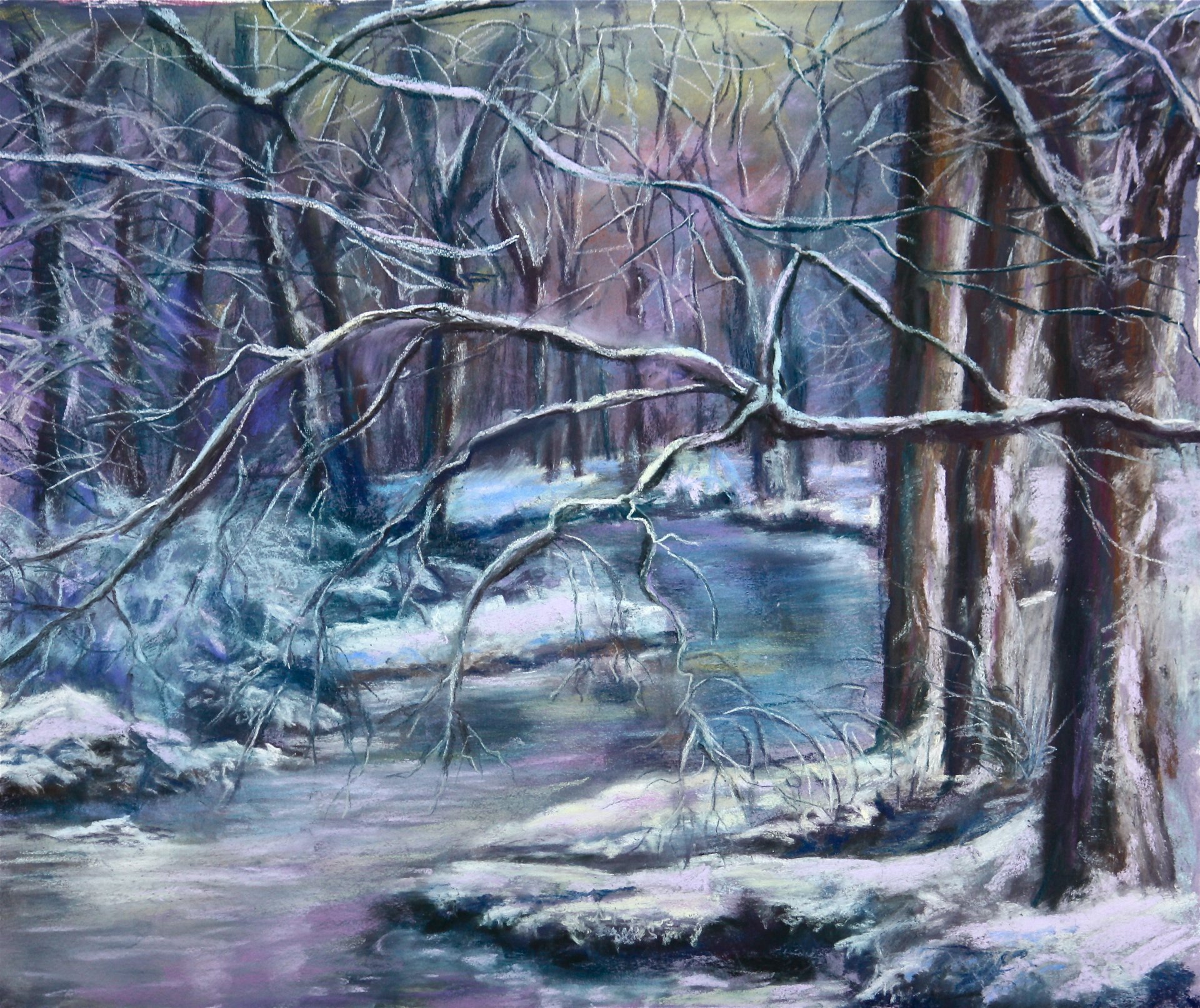 painting landscape winter snow tree branches river frost