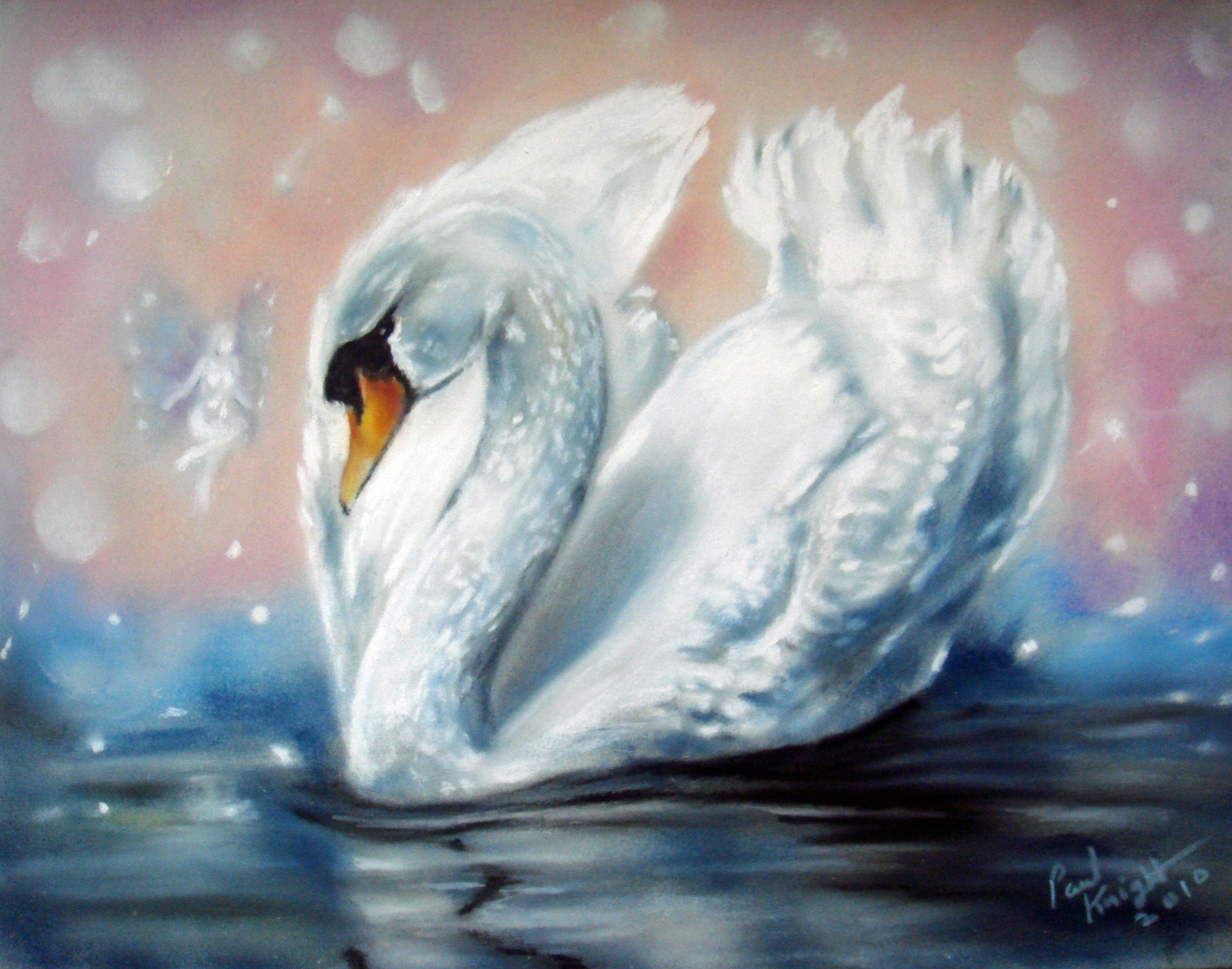 pintura cisne blanco alas agua hada