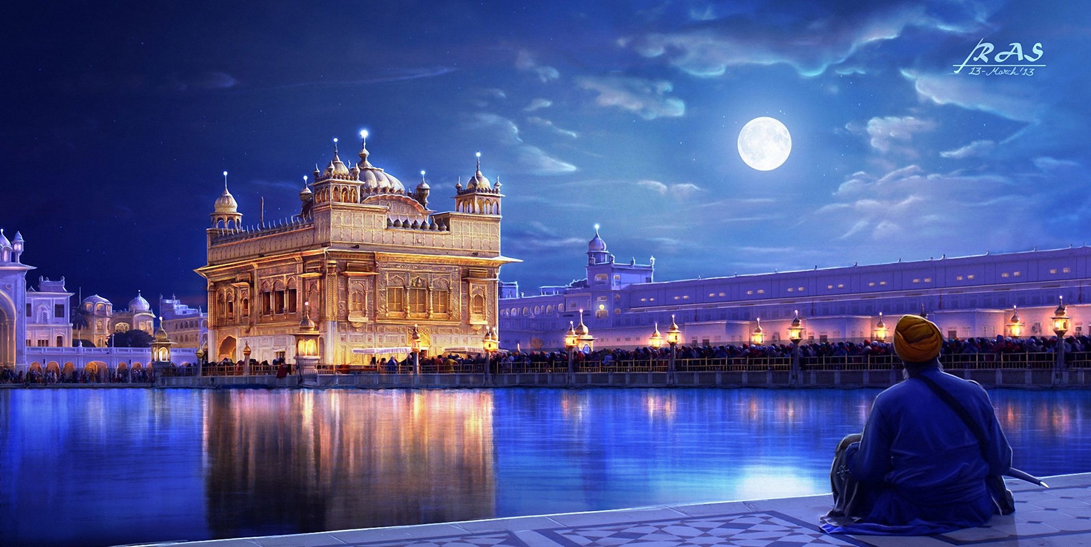 kunst goldener tempel punjab indien stadt fluss nacht lichter mann menschen mond