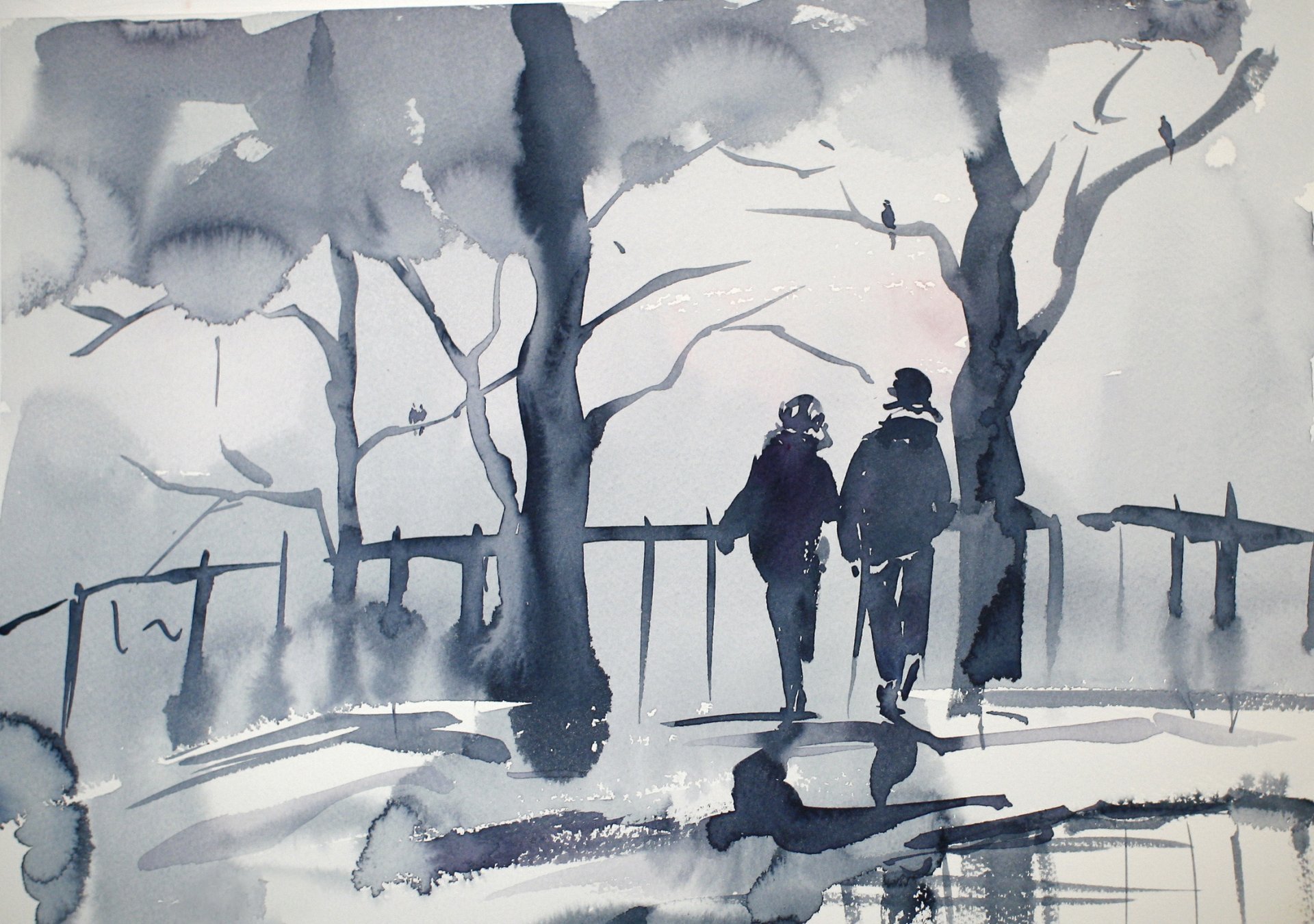 couple arbres aquarelle