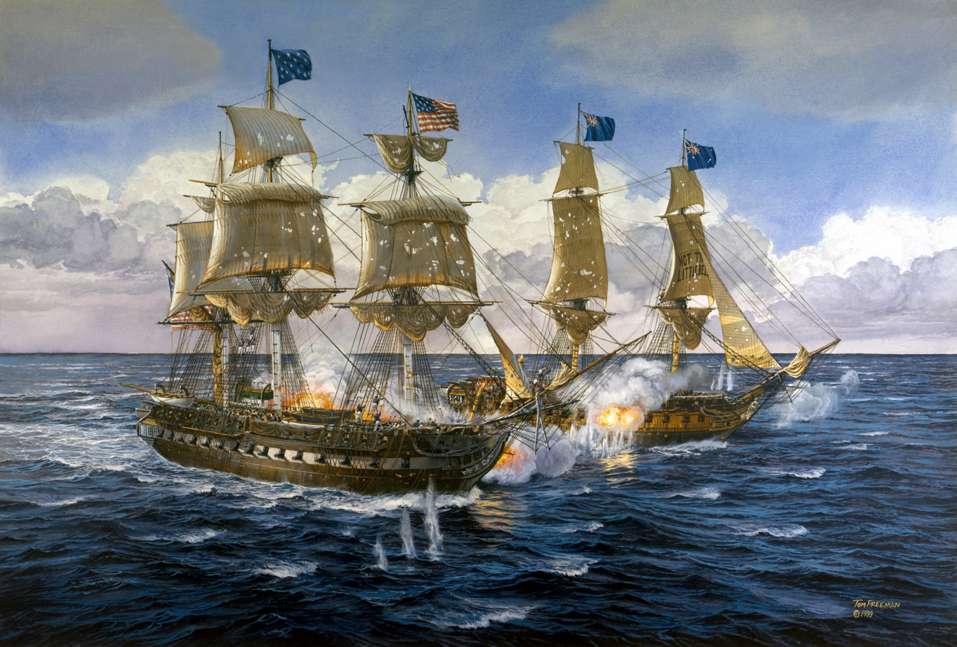 art navy painting lady luck was american ships naval battle volleys guns explosions splashes waters artist tom freeman