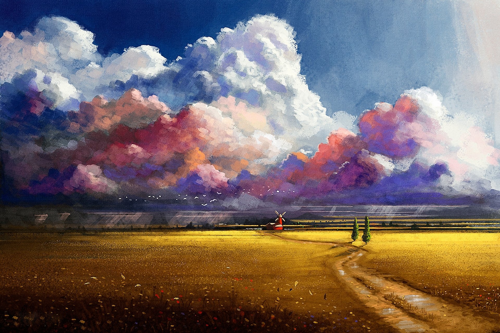 gezeichnete landschaft wolken feld straße bäume mühle blumen vögel