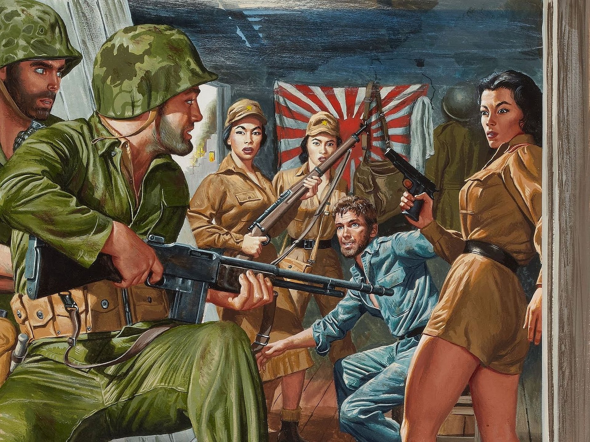 arte niñas soldados japoneses bandera prisionero soldados estadounidenses armas liberación dibujo