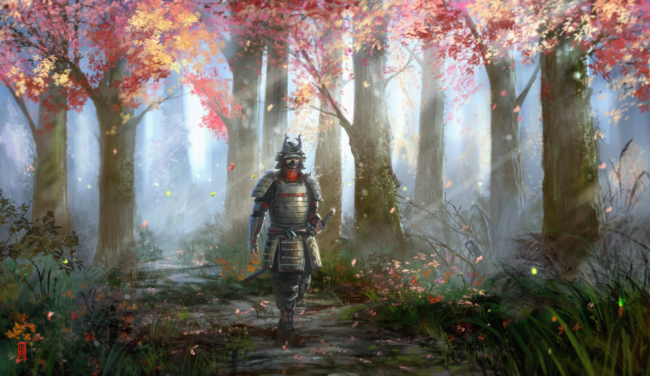 art autumn nature tree grass armour man rays leave