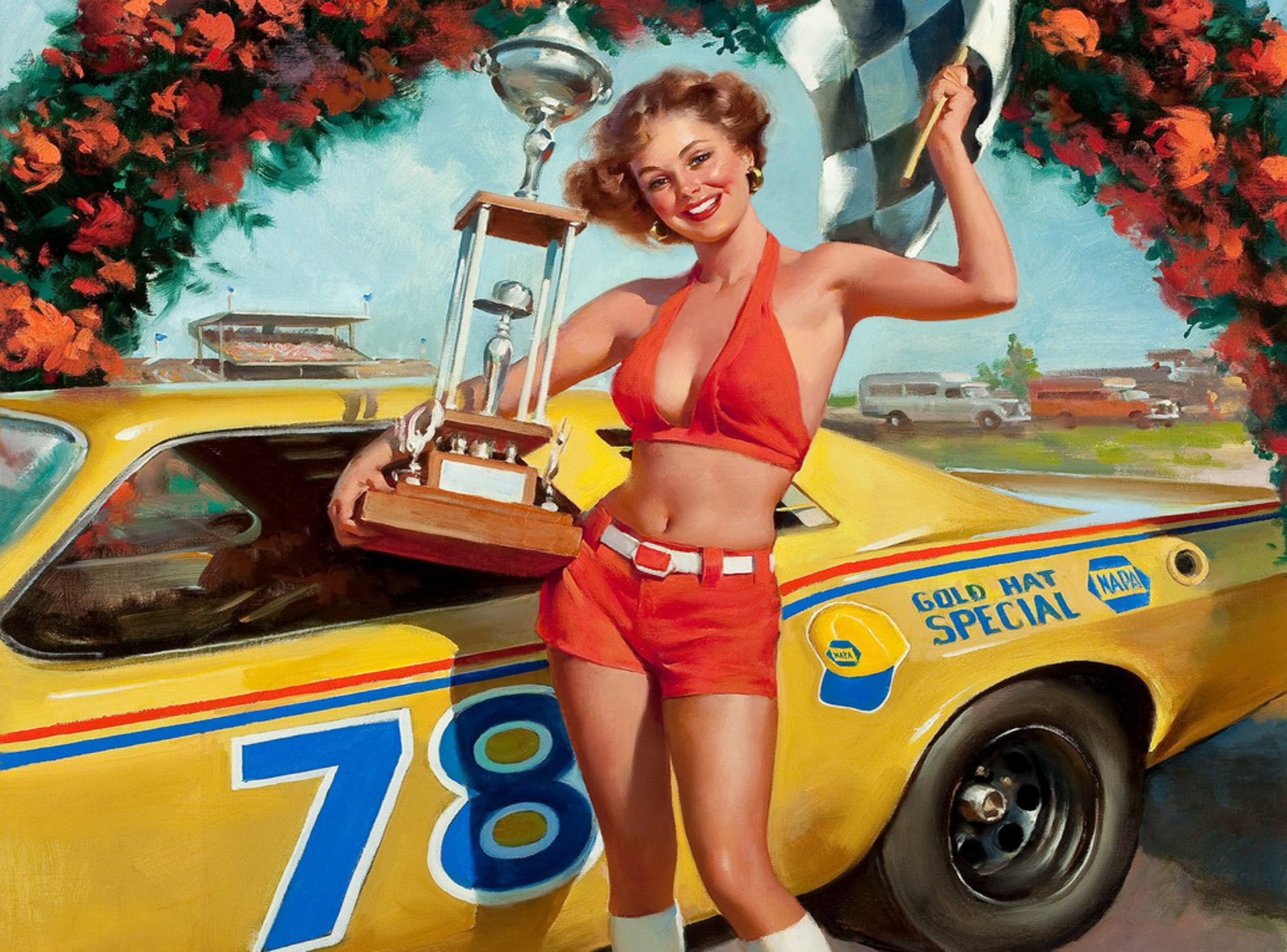 art painting style pin-up girl rider beautiful smile machine cup prize flag happiness gil elvgren