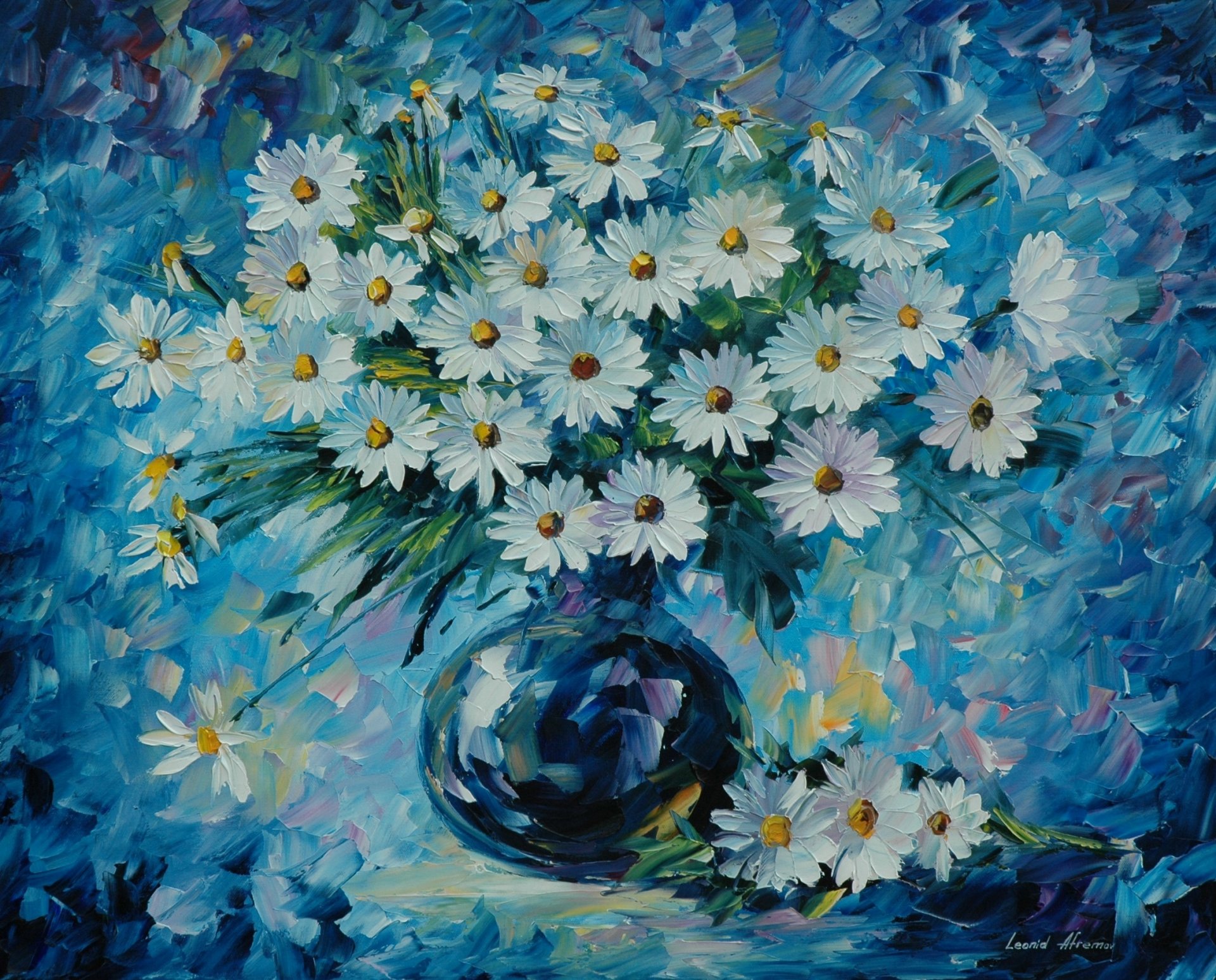 pintura flores ramo margaritas florero leonid afremov