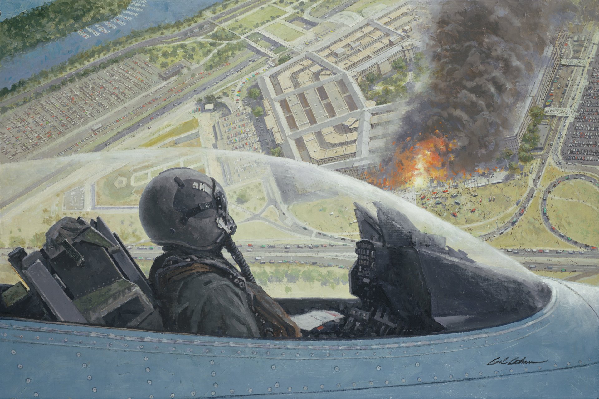 art virginia washington the pentagon september 11 2001 flame fire smoke f-16 plane cabin picture