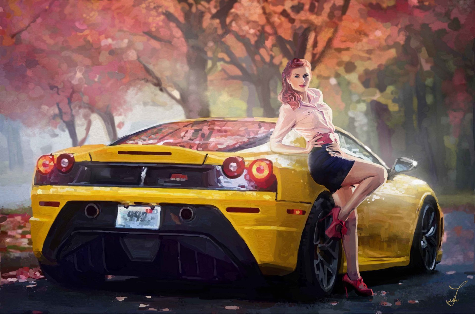 arte ferrari coche chica amarillo pose carretera otoño árboles