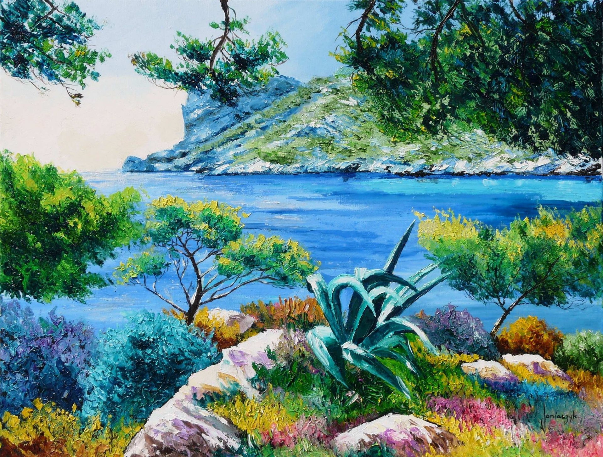 pintura paisaje arte jean-marc janiaczyk islas mar laguna costa árboles ramas piedras