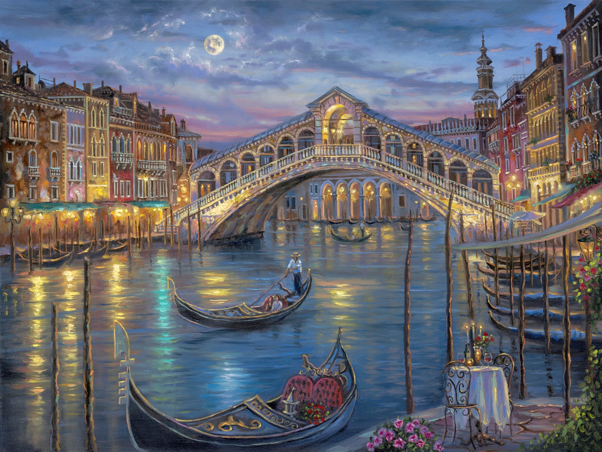 robert finale letzte nacht am canal grande malerei nacht mond venedig italien kanal brücke canal grande gandola tisch blumen kerzen romantik