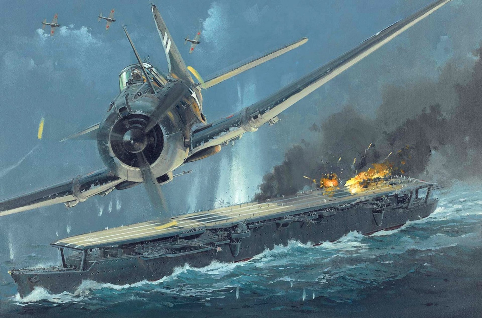 arte golfo di leyte 25 ottobre 1944 portaerei marina giapponese zuiho cielo americano giapponese esplosioni fuoco battaglia ww2 disegno