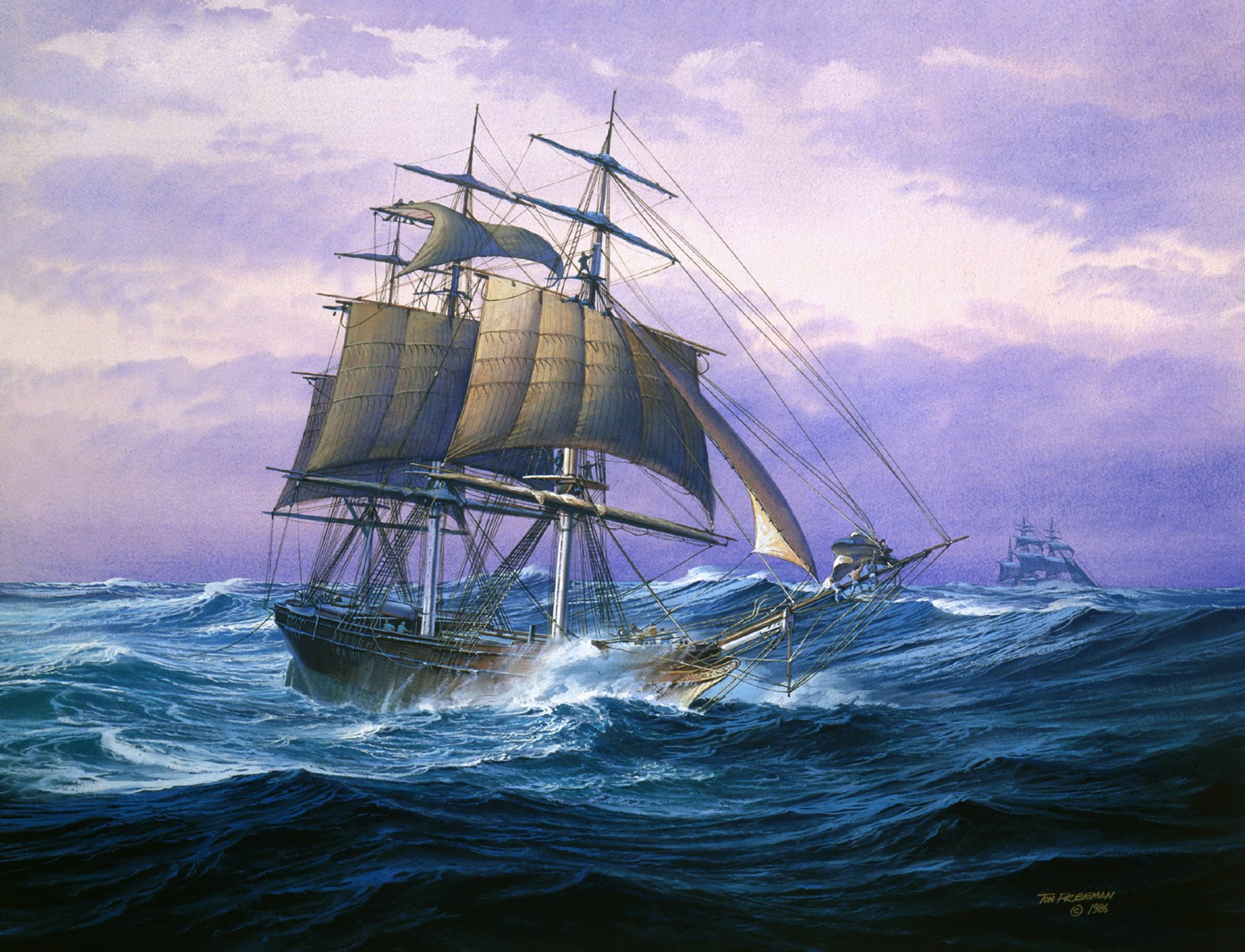 ocean storm large waves three-masted ship brig sailboats mast yards bowsprit sail rigging picture tom freeman