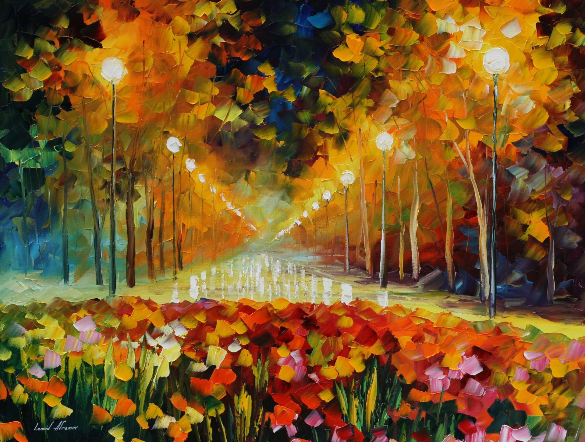 leonid afremov painting pattern street lamps light