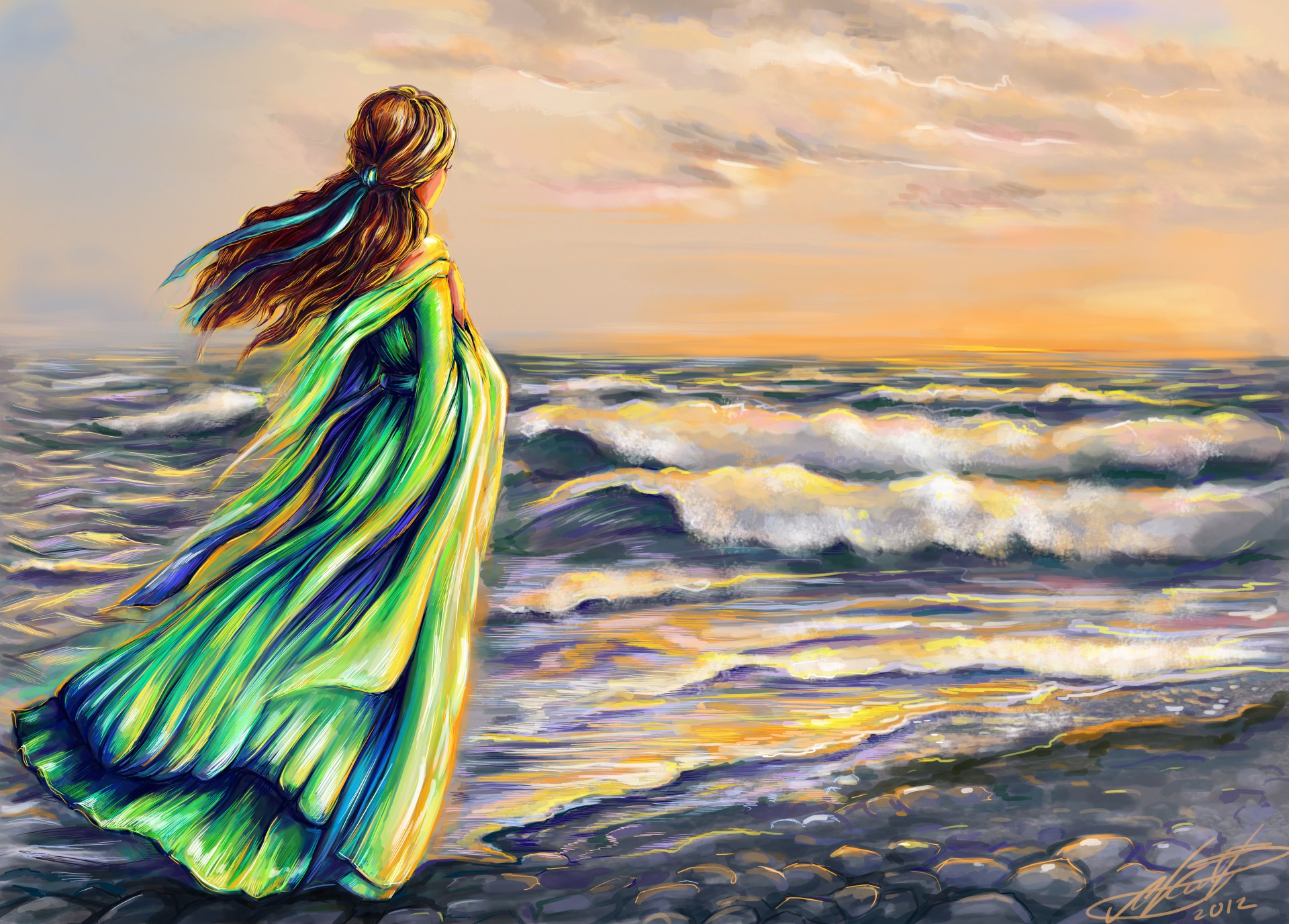 arte chica espalda vestido verde cabello cinta viento mar olas cielo nubes