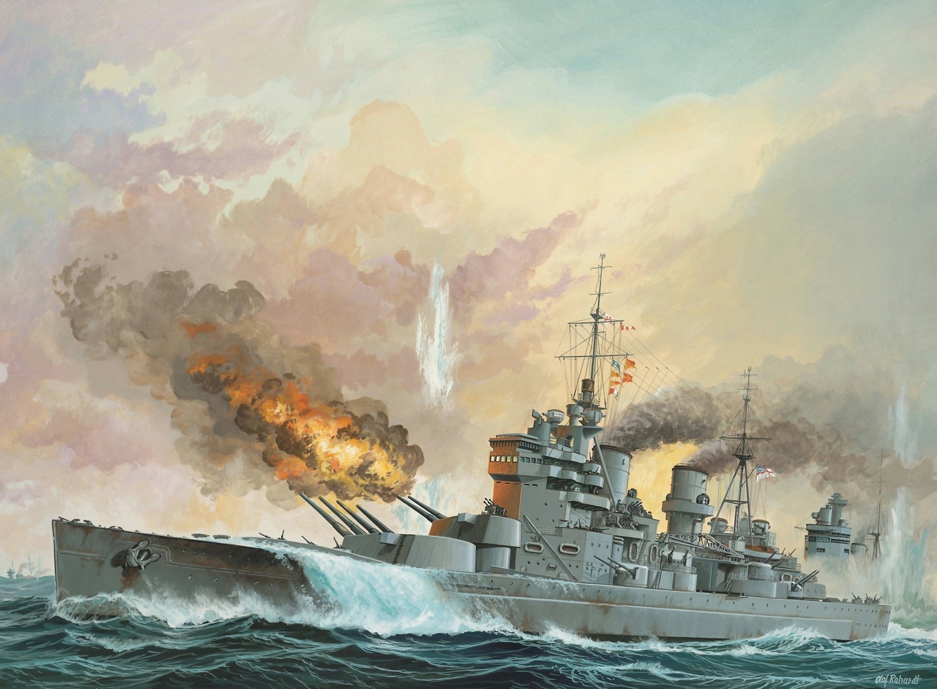 arte mare 27 maggio 1941 re giorgio v nave di linea royal navy britannica spari fuoco fumo battaglia navale con il tedesco corazzata bismarck ww2 figura