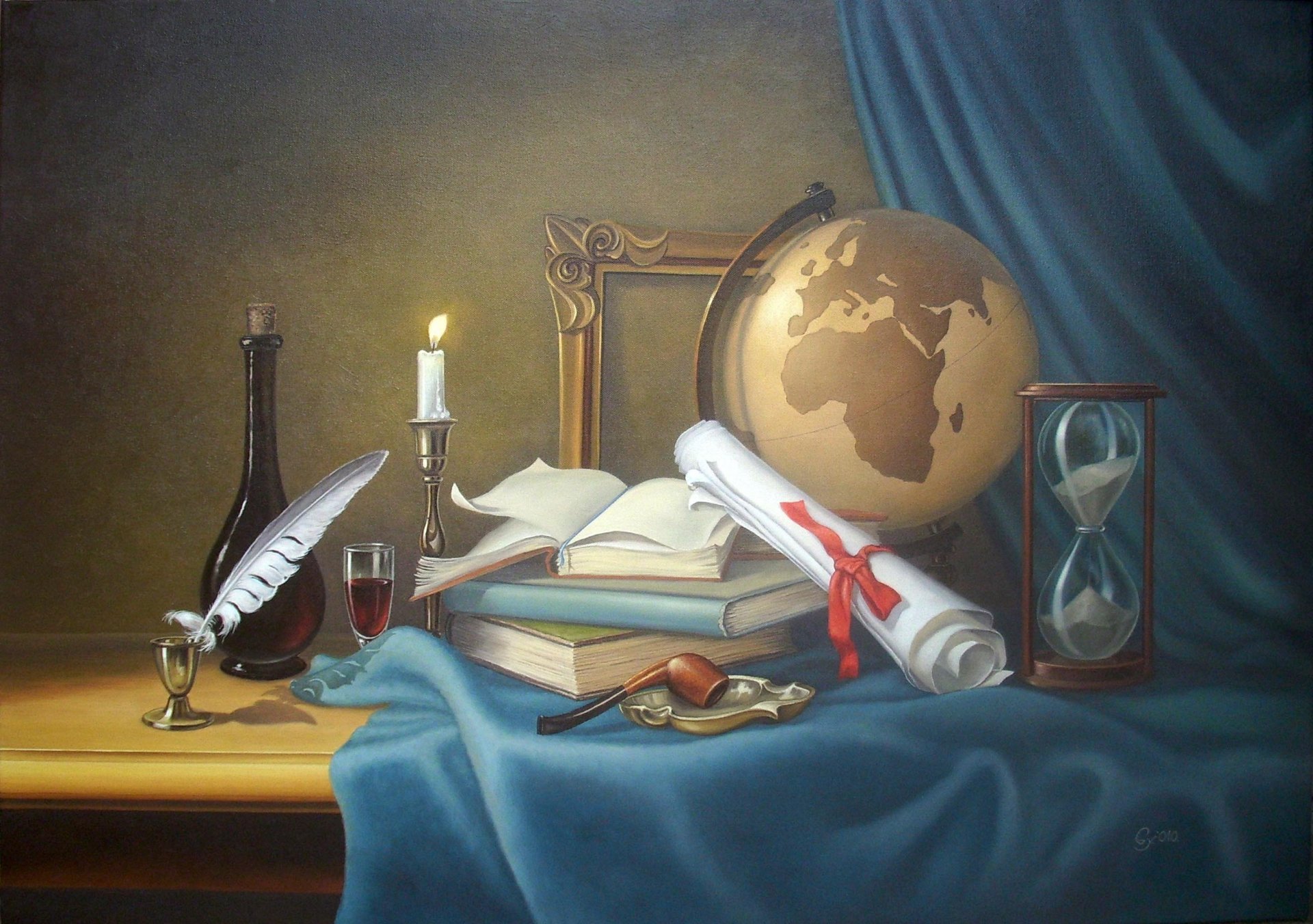 nature morte livres plume encrier tube globe sablier bougie