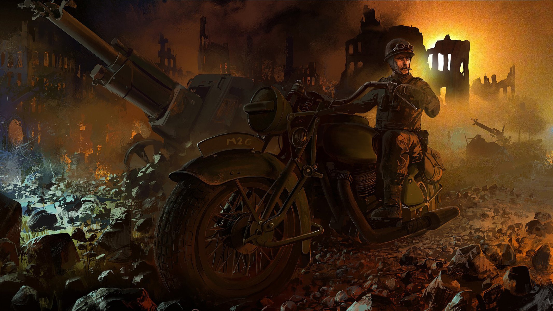 art war zniszczone miasto zniszczone działo jako ghost rider ściga się na brytyjskim motocyklu bsa m20 scout w części z wywiadem ww2