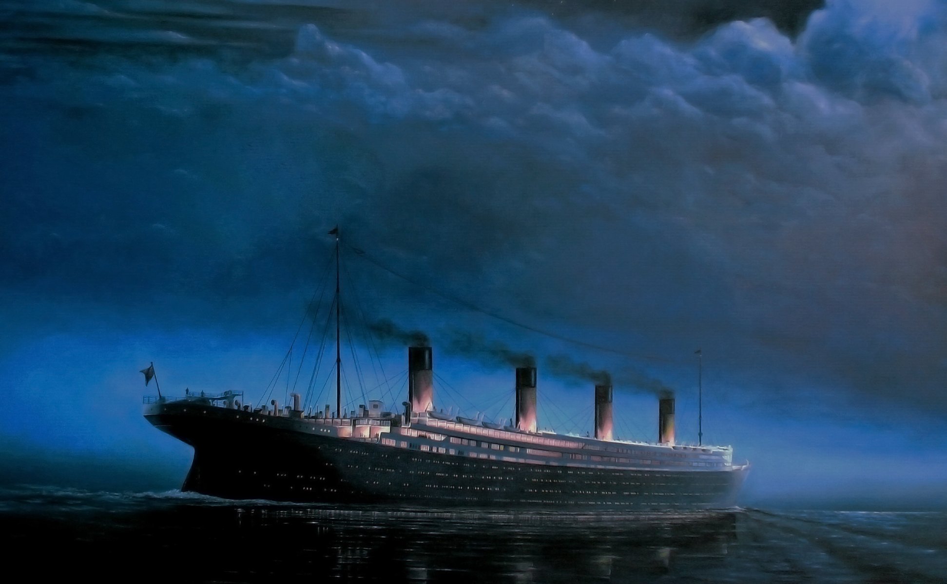 titanic navire paquebot dessin mer nuit ciel sur la route vue latérale nuages réflexion