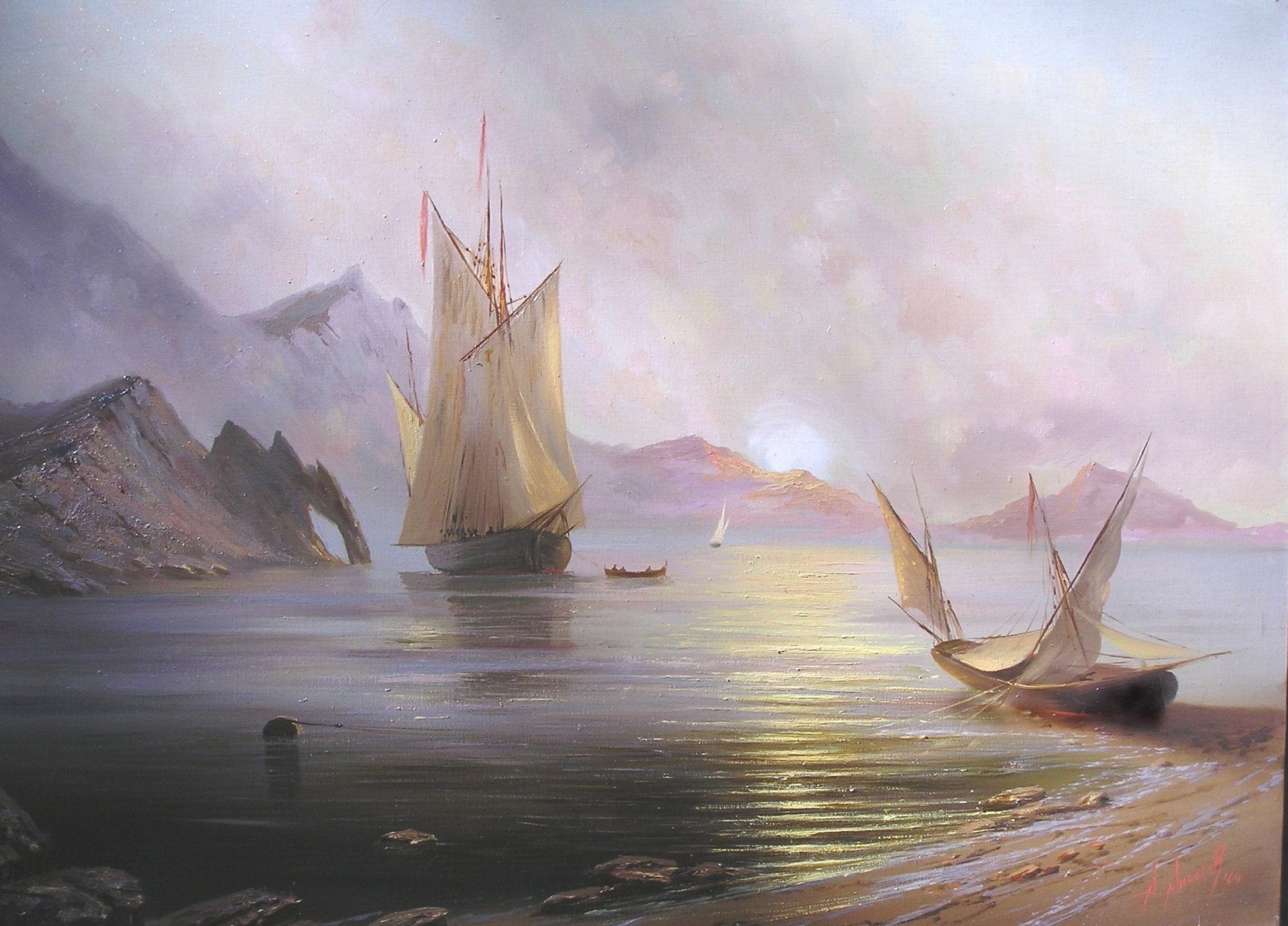 miliukov alexander amanecer en el mar paisaje sol amanecer crimea mar barco barcos vela montañas belleza