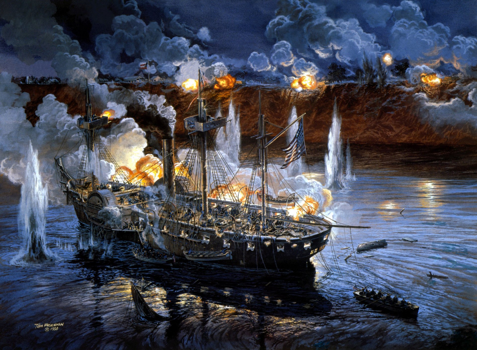 art marine peinture hors du navire navire marine bataille volées canons par côtière position ennemi artiste tom freeman