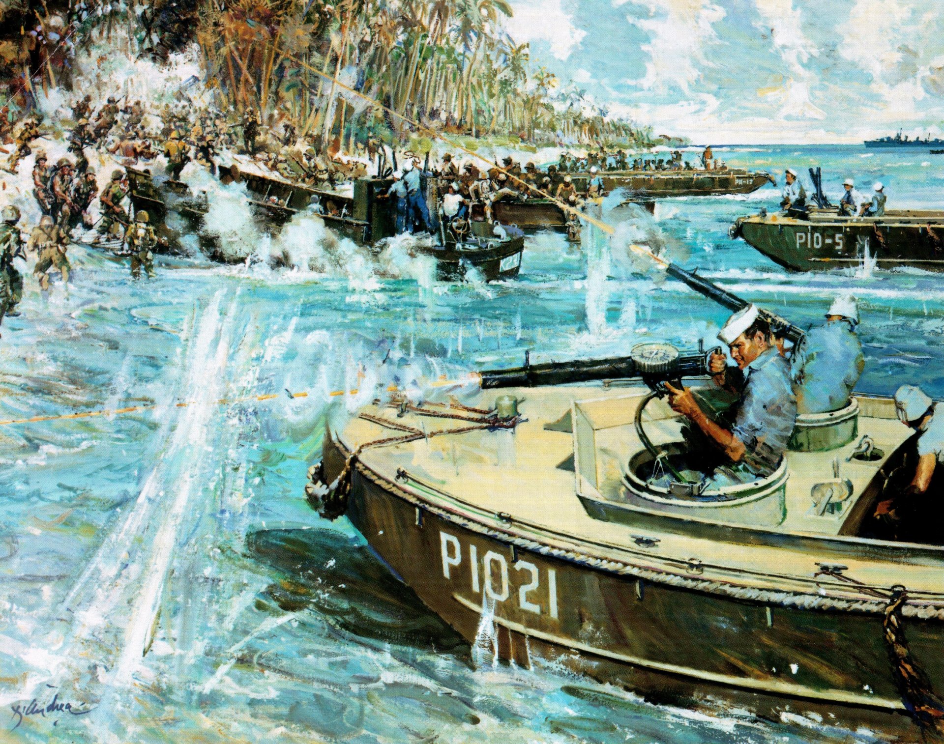 art okinawa 1945 lądowanie wojska amerykańskie desantowe łodzie lcp l z dwoma 7 mm karabinami maszynowymi plashcoats lcvp marines atak strzały ww2 rysunek