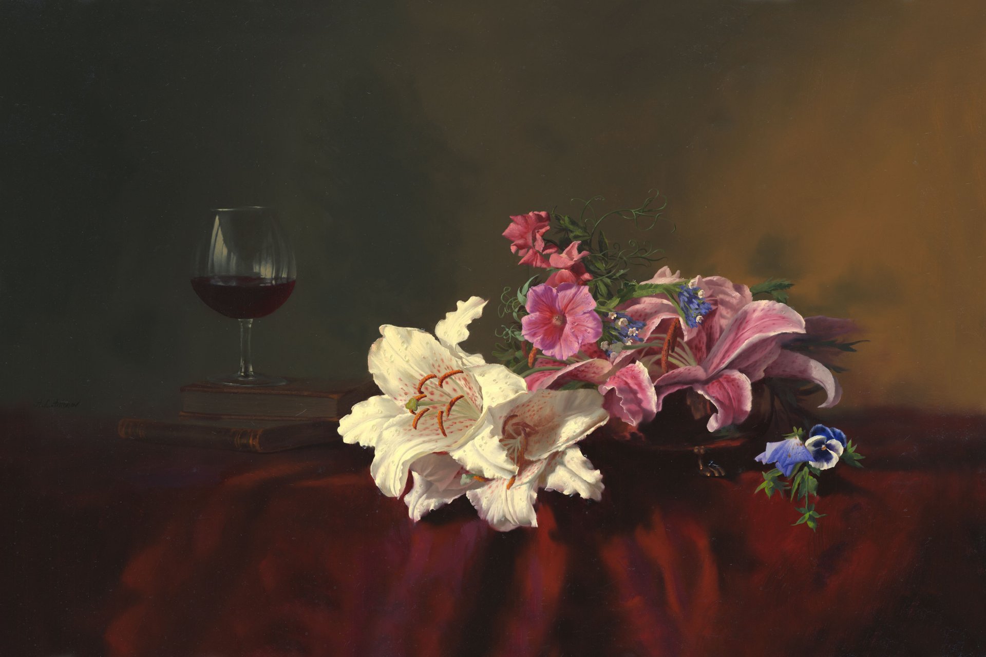 pintura naturaleza muerta alexei antonov flores lirios libros copa vino mesa mantel