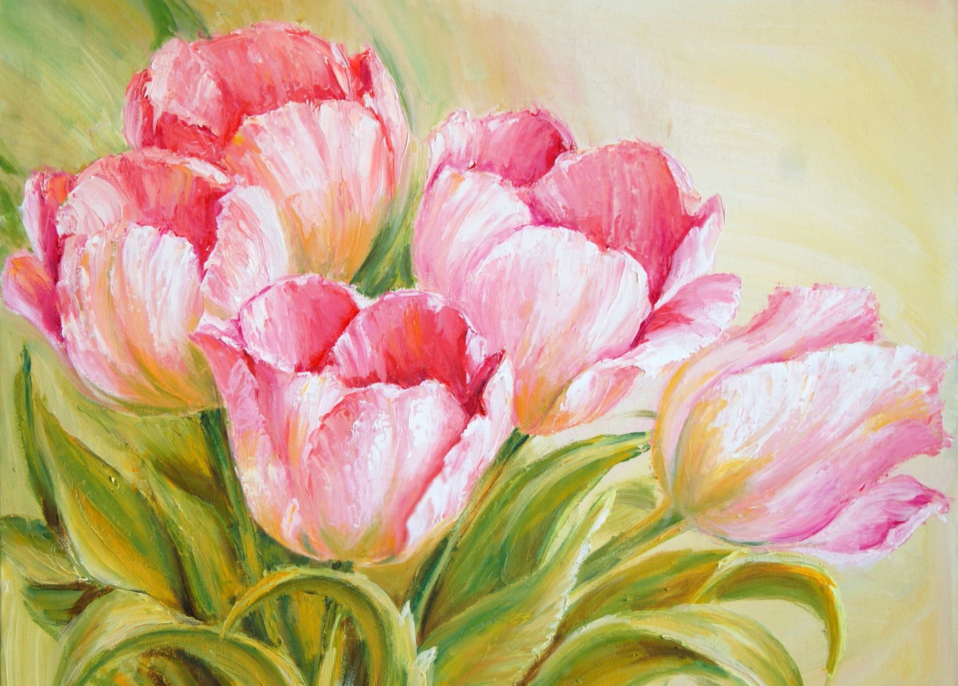 tulipanes primavera flores rosa ramo hojas pintura pinturas pintura