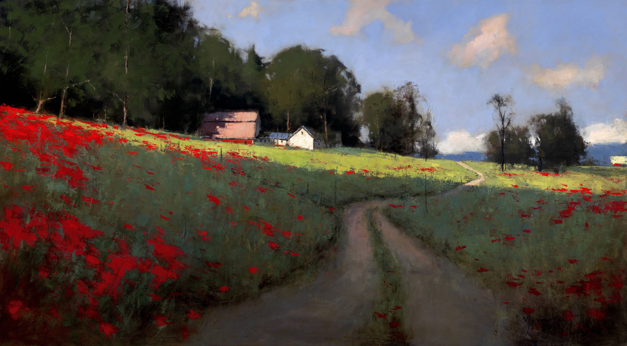 peinture paysage art romona youngquist champ coquelicots été route ornière sentier arbres ciel nuages maison village