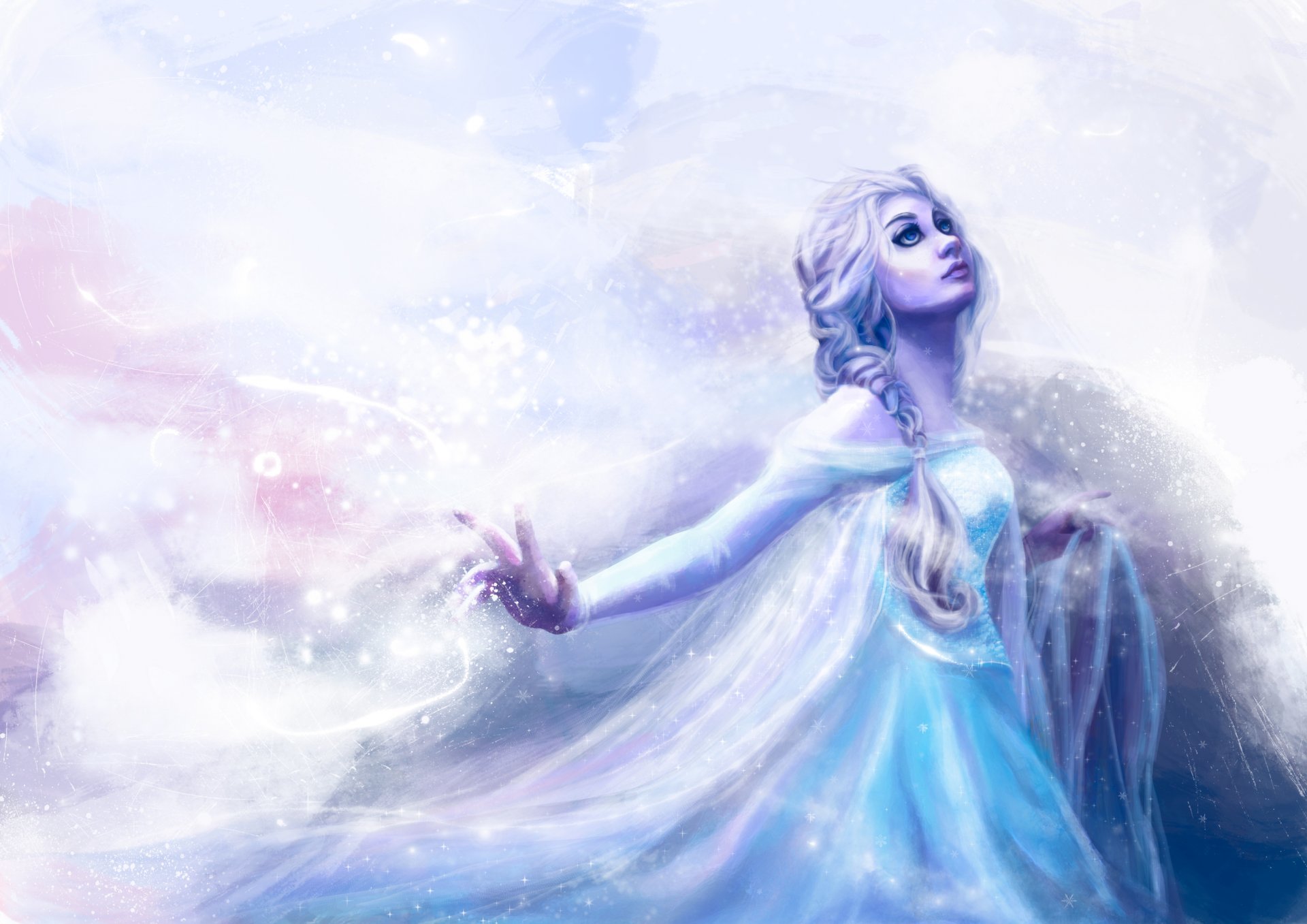 reine des neiges elsa frozen walt disney art fille regard maquillage cheveux tresse robe main froid neige blizzard