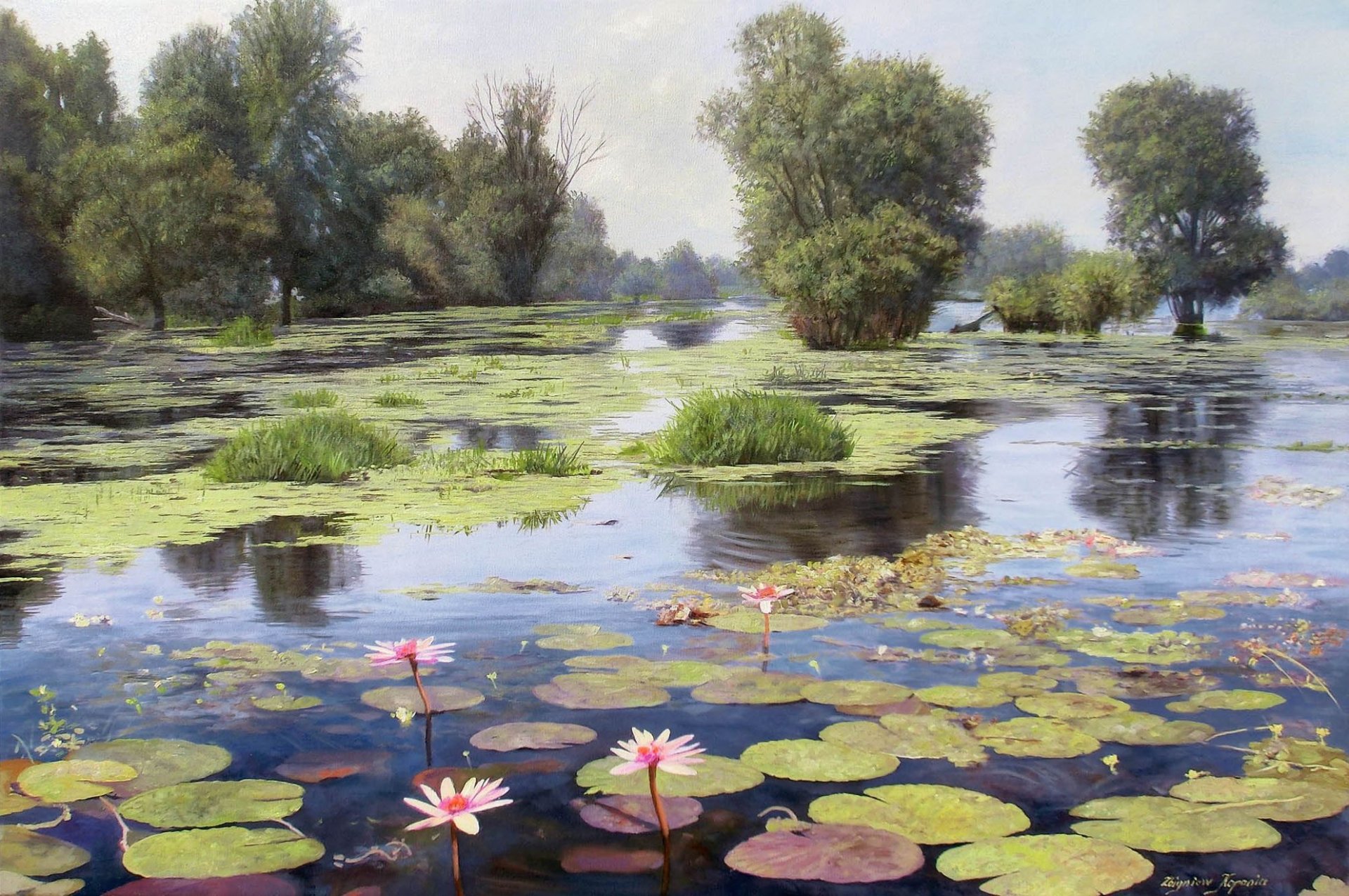 malerei zbigniew kopania landschaft see reflexion teich blumen lotus bäume wasserbeere wasser blumen