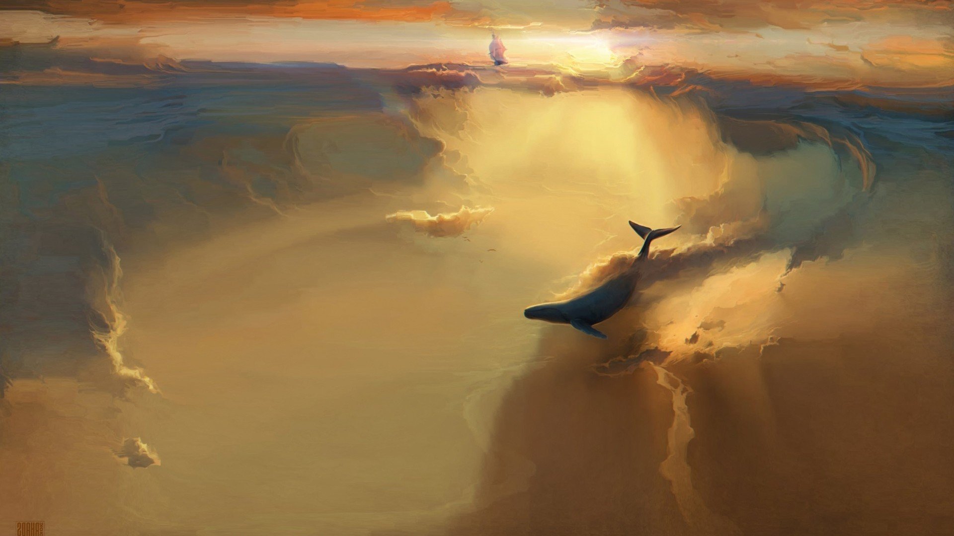 mare balena nuvole nave balene cielo