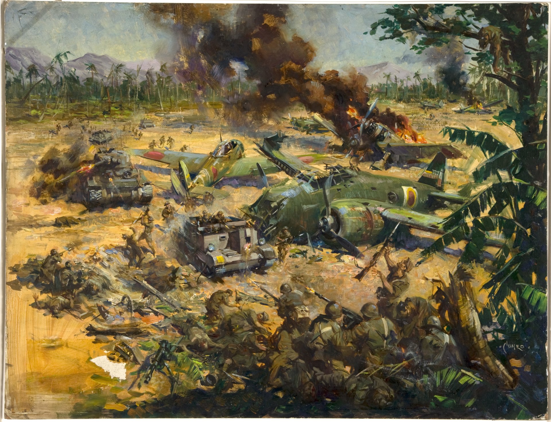 aérodrome combat chars soldats coups de feu feu peintre terence cuneo peinture huile sur toile