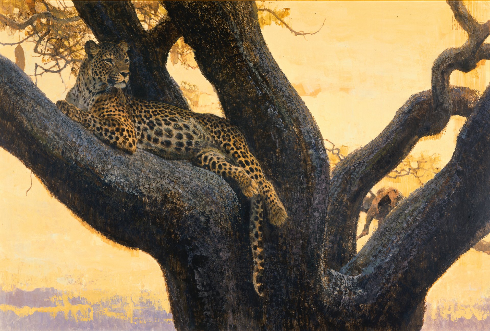 peinture art bob coon léopard chat sauvage taches prédateur arbre branche reste