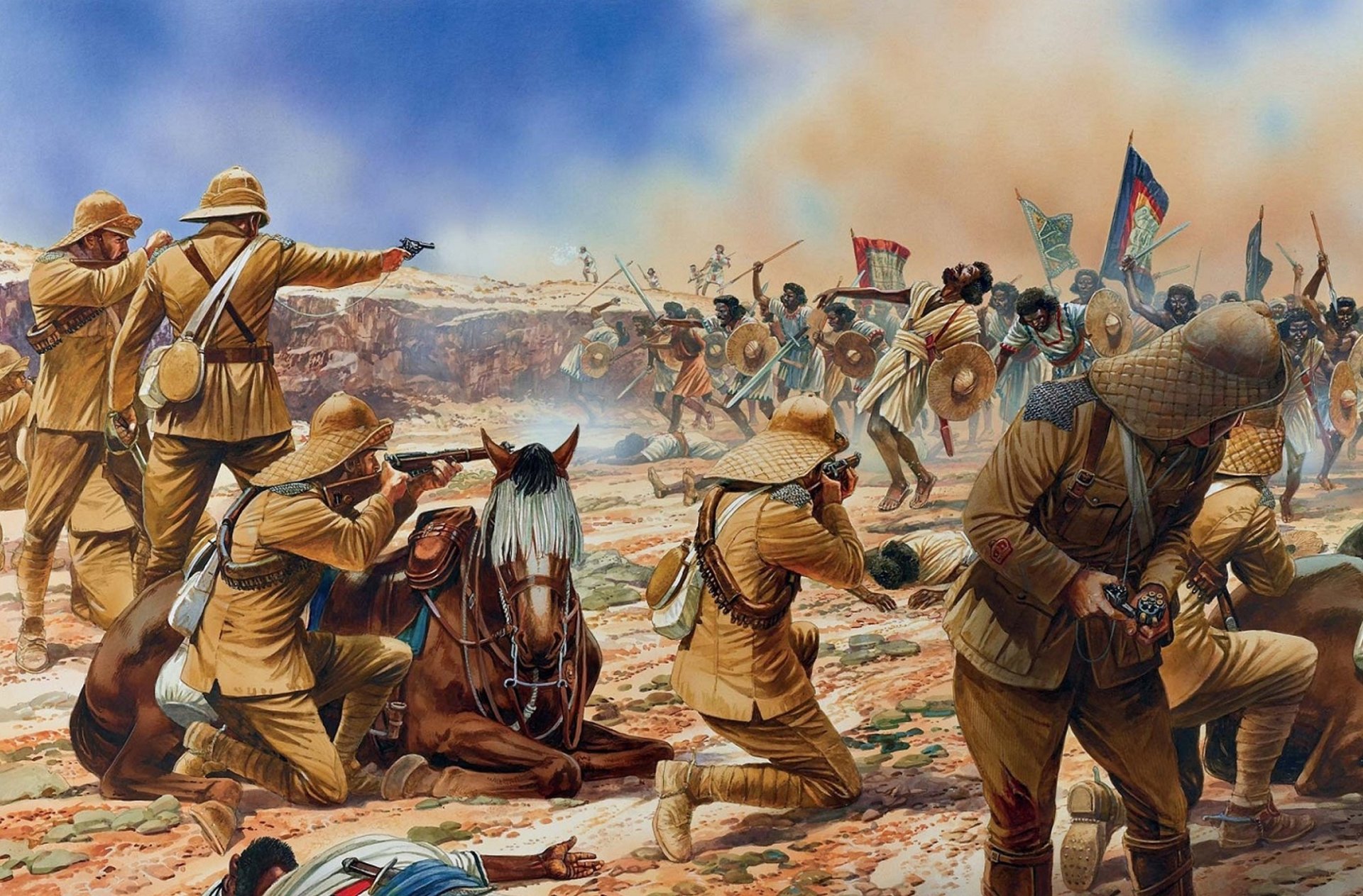 kunst sudan schlacht von omdurman 2. september 1898 briten soldaten gewehre revolver munition mahdisten schwerter speere schilde zeichnung