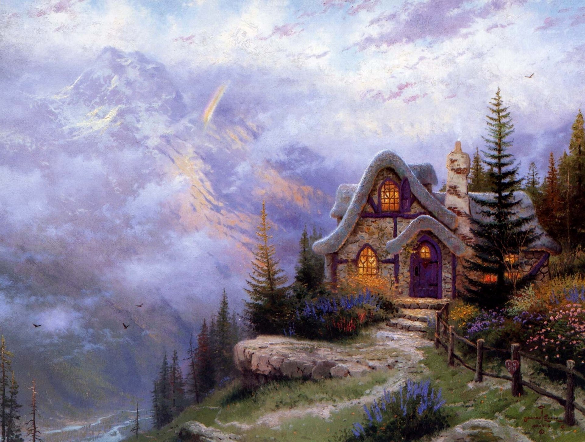 thomas kinkade linda cabaña iii pintura casa piedra cabaña montañas paisaje ladera de la montaña abeto