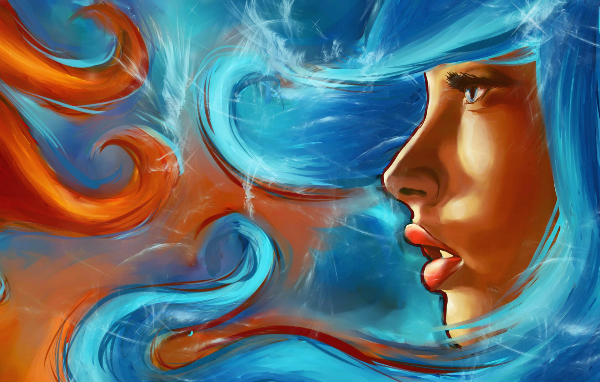 pittura arte ragazza viso profilo labbra sguardo elementi fuoco acqua