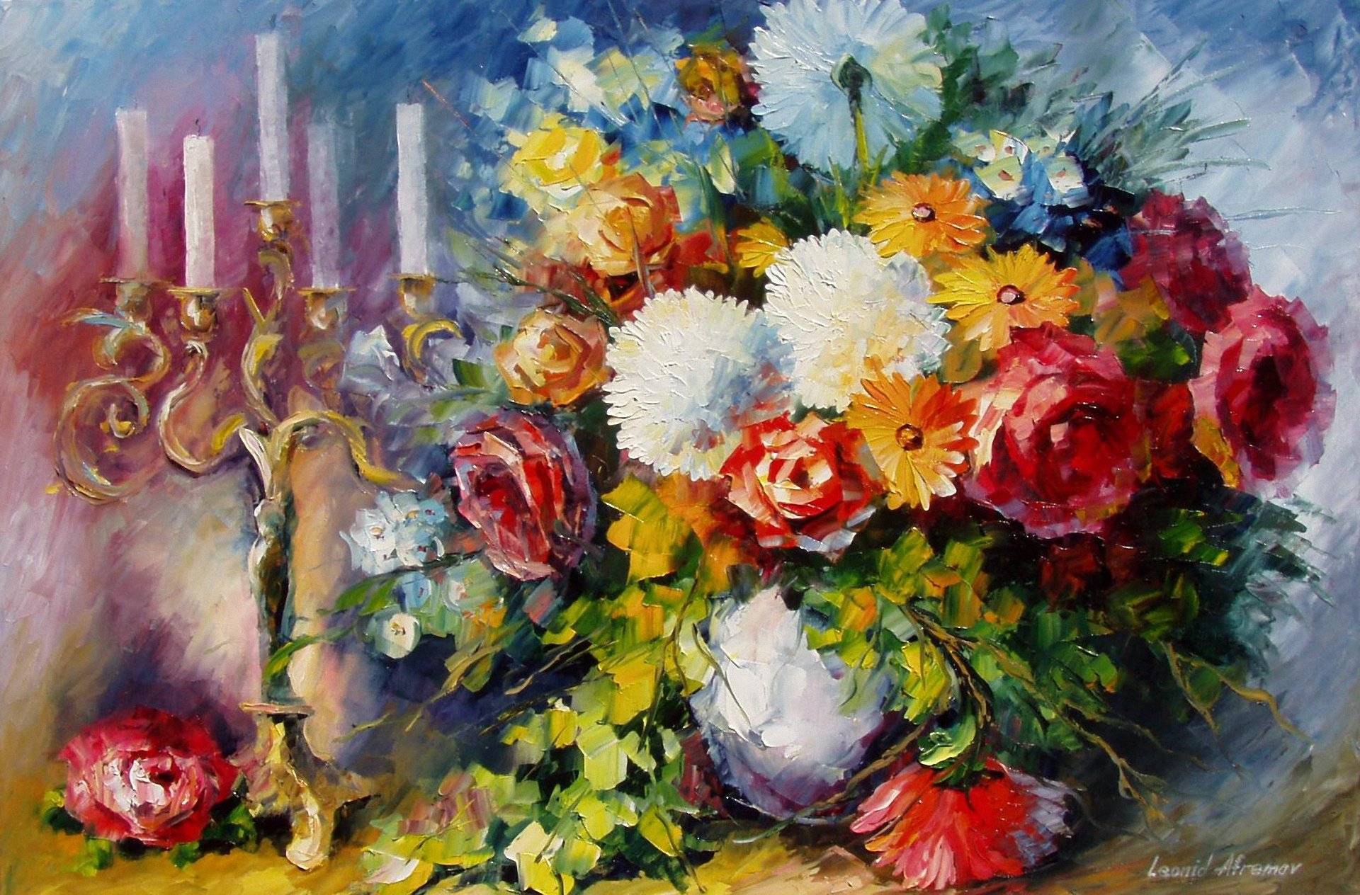 art leonid afremov vase fleurs bouquet bougies bougeoir