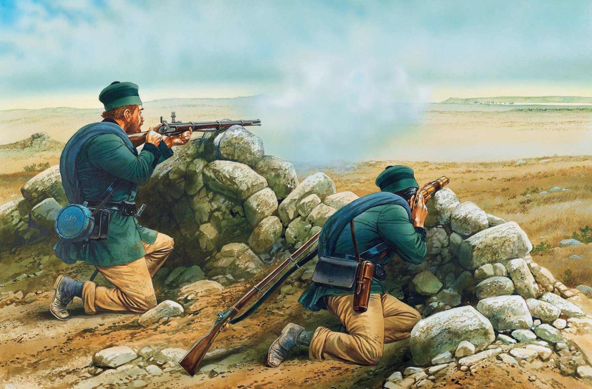 sztuka żołnierze wojna krymska 1853-1856 xix wiek. snajperzy zajęli pozycję snajper uzbrojony w karabin enfield-rifle 1853 obok lunety spotter on obserwuje wroga artysta peter dennis