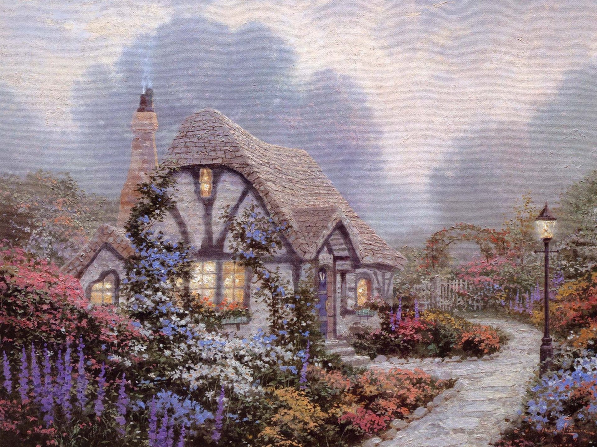 thomas kinkade chandler s cottage pintura casa cabaña jardín azul flores linterna cielo nubes aciano color