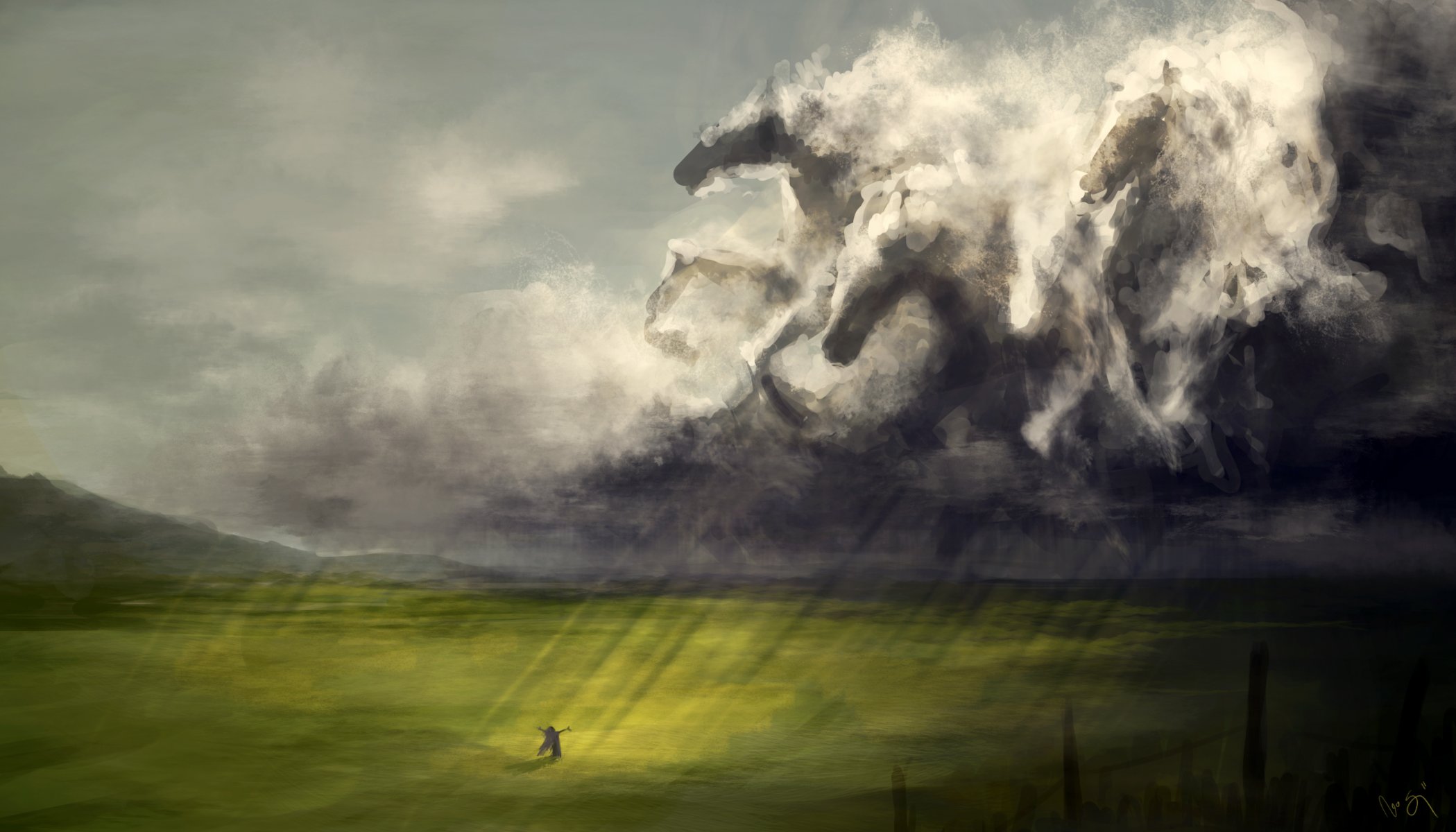 art nuages chevaux troupeau figure fille champ rayons pluie