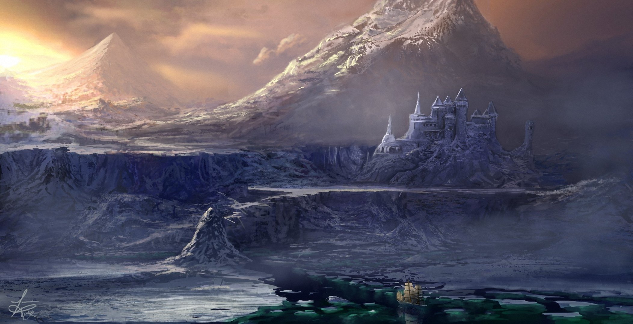 арт скалы горы замок корабль парусник море вода льды холод