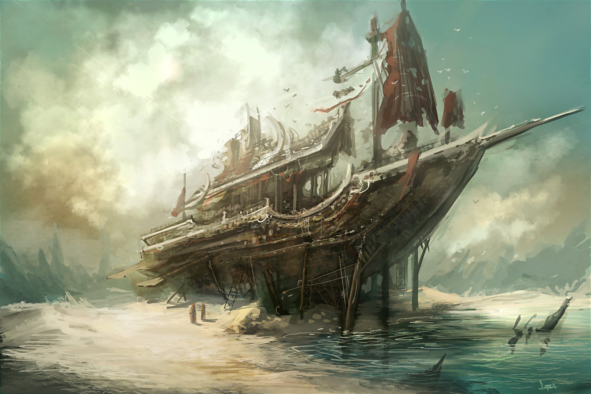 art ship skeleton beach sea