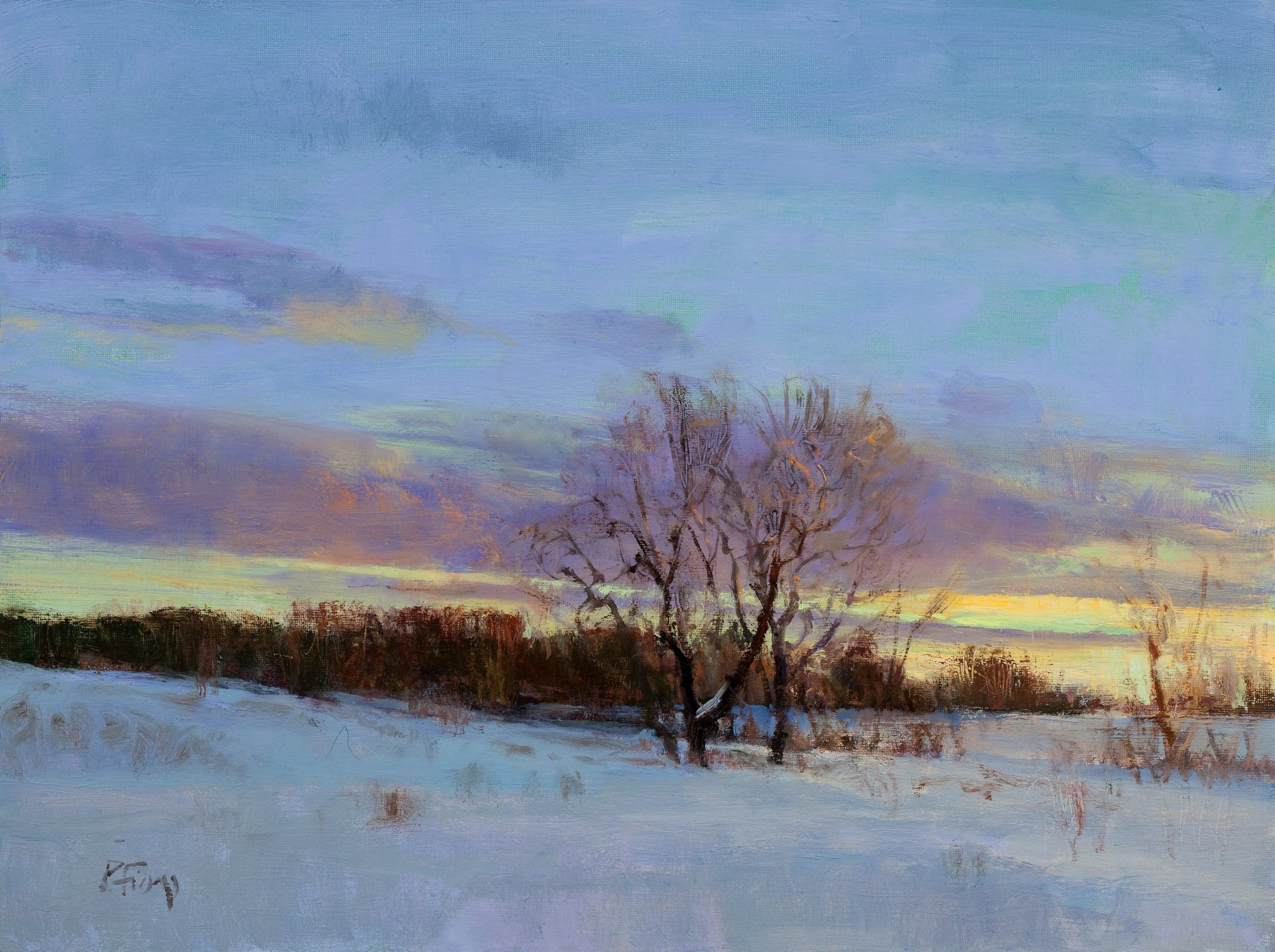 malerei landschaft kunst peter fiore februar dämmerung winter baum zweige schnee himmel wolken licht sonnenuntergang dämmerung