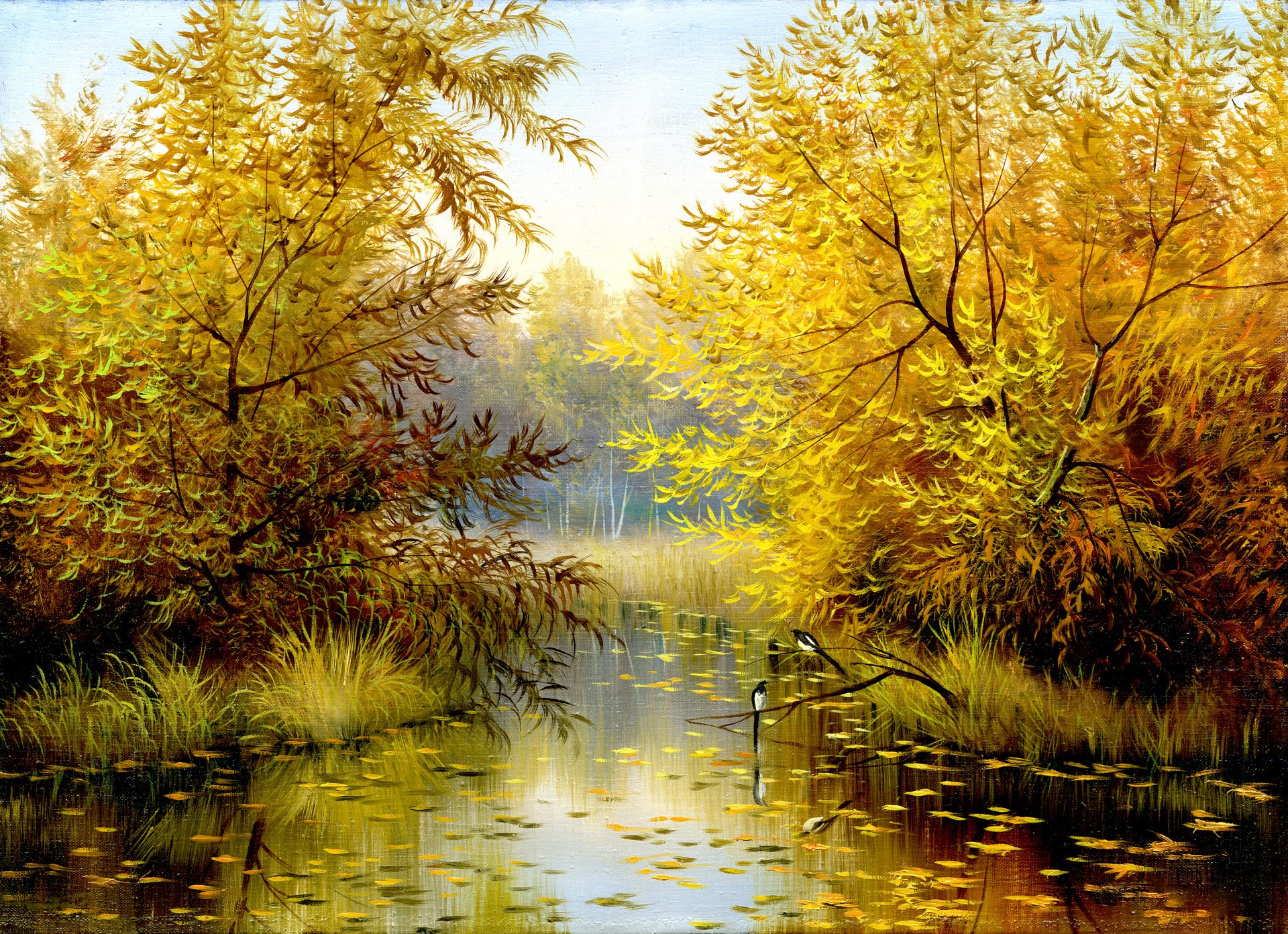 peinture nature paysage oiseaux arbres feuilles automne saison